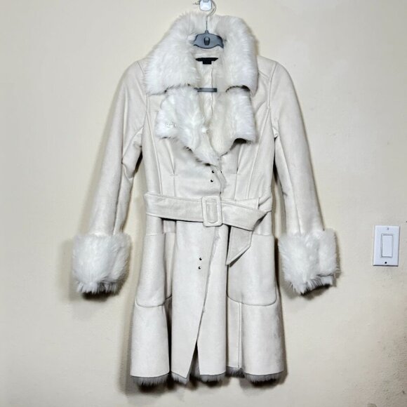 Armani Exchange fur coat White Cream Belted Faux Leather jacket Pea Coat  Sz XS - Picture 1 of 11